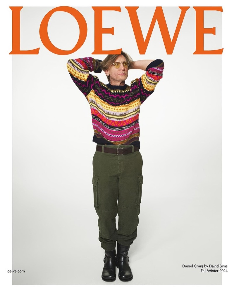 Daniel Craig strikes a confident pose in a colorful knit sweater and cargo pants for LOEWE’s fall-winter 2024 ad.