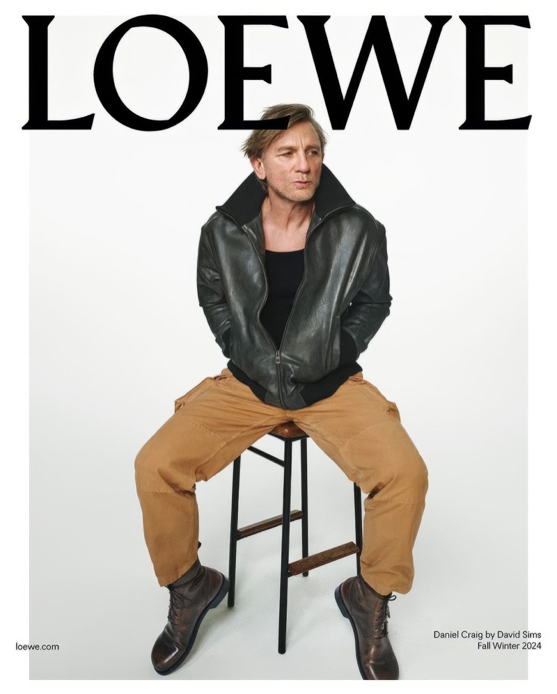 Daniel Craig rocks a leather jacket and cargo pants for LOEWE’s fall-winter 2024 advertisement.