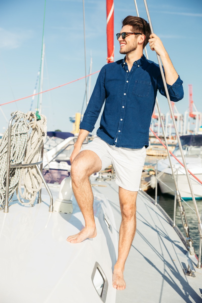 tailored shorts denim shirt nautical style outfit men