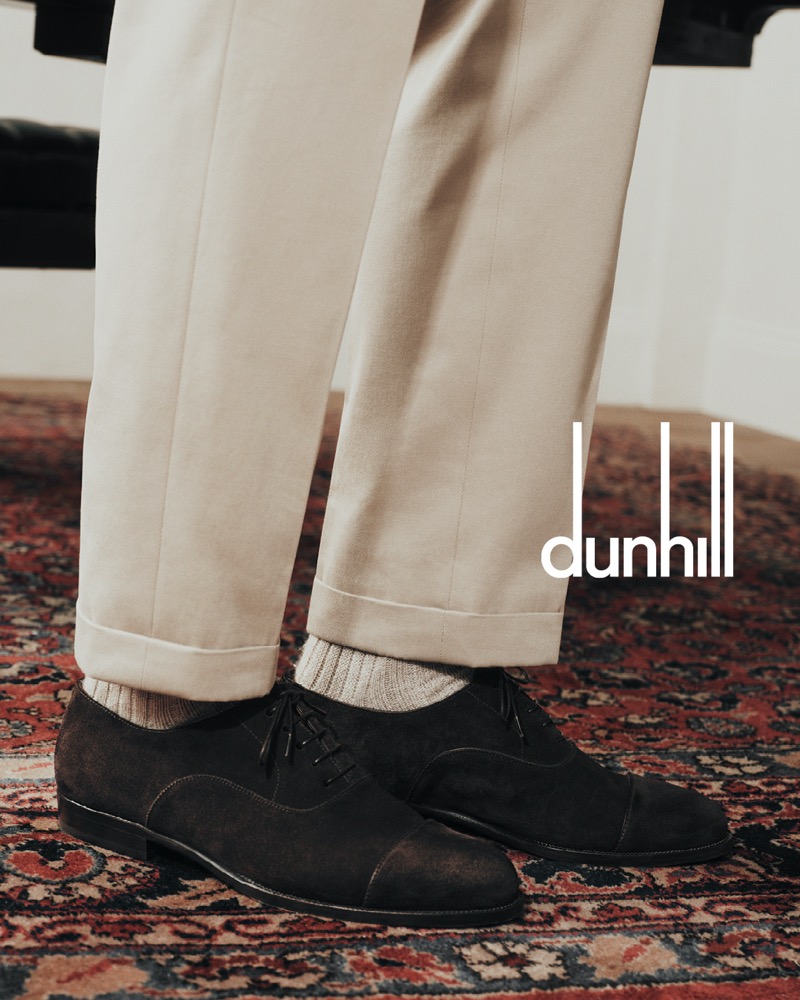 Akbar Shamji’s suede shoes and perfectly tailored trousers from Dunhill’s latest collection make a strong statement.