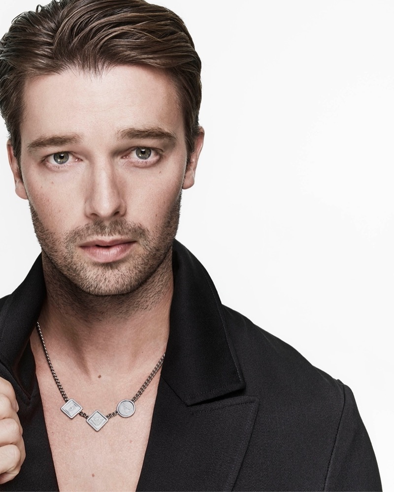 Patrick Schwarzenegger makes a minimalist statement with a pendant chain necklace for Emporio Armani’s summer 2024 accessories advertisement.