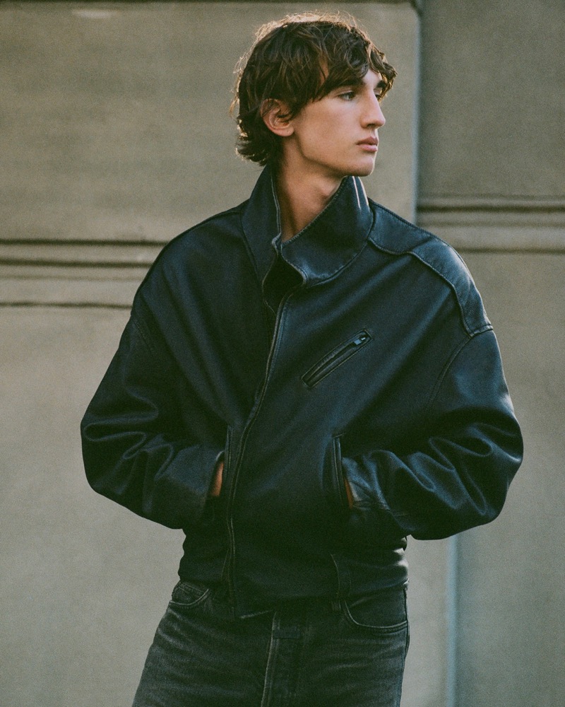 Julien Saunier models a leather jacket and jeans for the Fear of God Collection 8 “American Symphony” campaign.