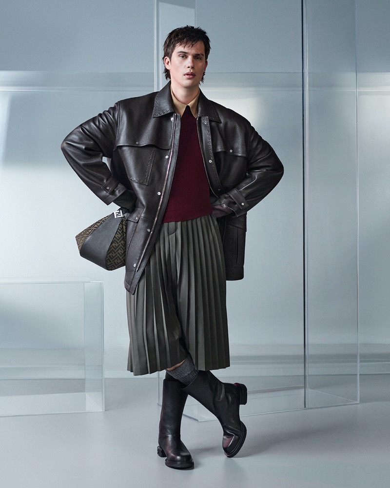 Nicholas Galitzine exudes modern sophistication in a leather jacket and pleated shorts for Fendi’s fall-winter 2024 campaign. 