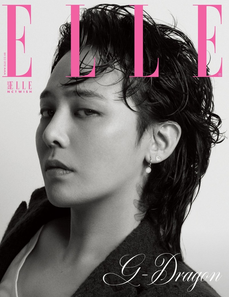 Ready for his close-up, G-Dragon appears in a black-and-white photo for the cover of Elle Korea
