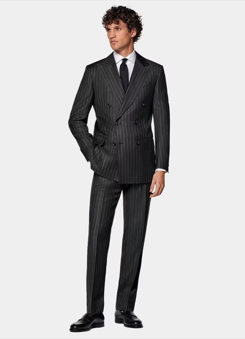 Embrace timeless elegance with a double-breasted pinstripe grey suit and crisp white shirt.