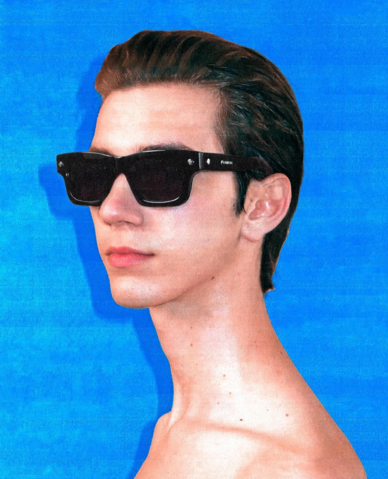 Vilmos Goczey sports JW Anderson’s black Rectangle sunglasses.