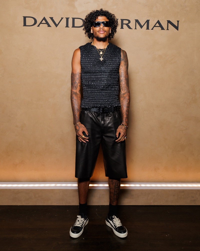 In a sleeveless knit top and leather shorts, David Yurman ambassador and NBA star Jalen Green keeps it edgy.