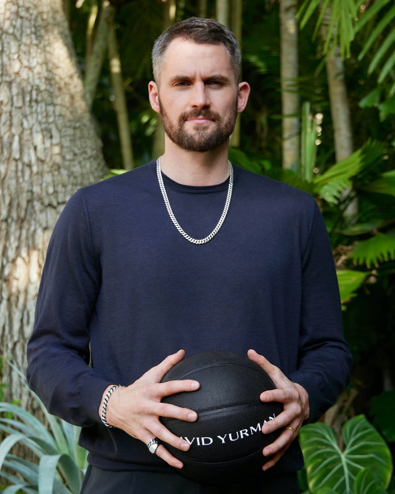 Kevin Love of the Miami Heat exudes casual refinement in a navy sweater complemented by David Yurman’s silver chain. 