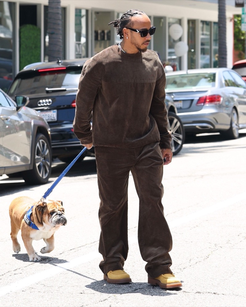 Lewis Hamilton stood out on the streets of Los Angeles, wearing a Dior Men corduroy fit in brown.