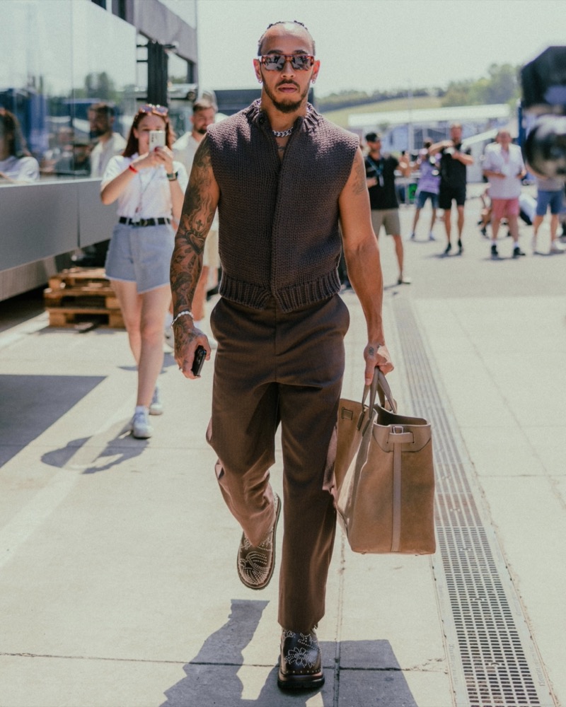 Lewis Hamilton embraced monochromatic style in a brown Dior Men fit at the Hungary Grand Prix. 