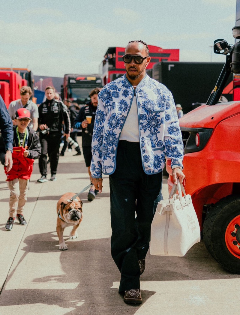 Lewis Hamilton displayed bold style at the Silverstone Grand Prix, wearing a Dior Men floral print blouson. 