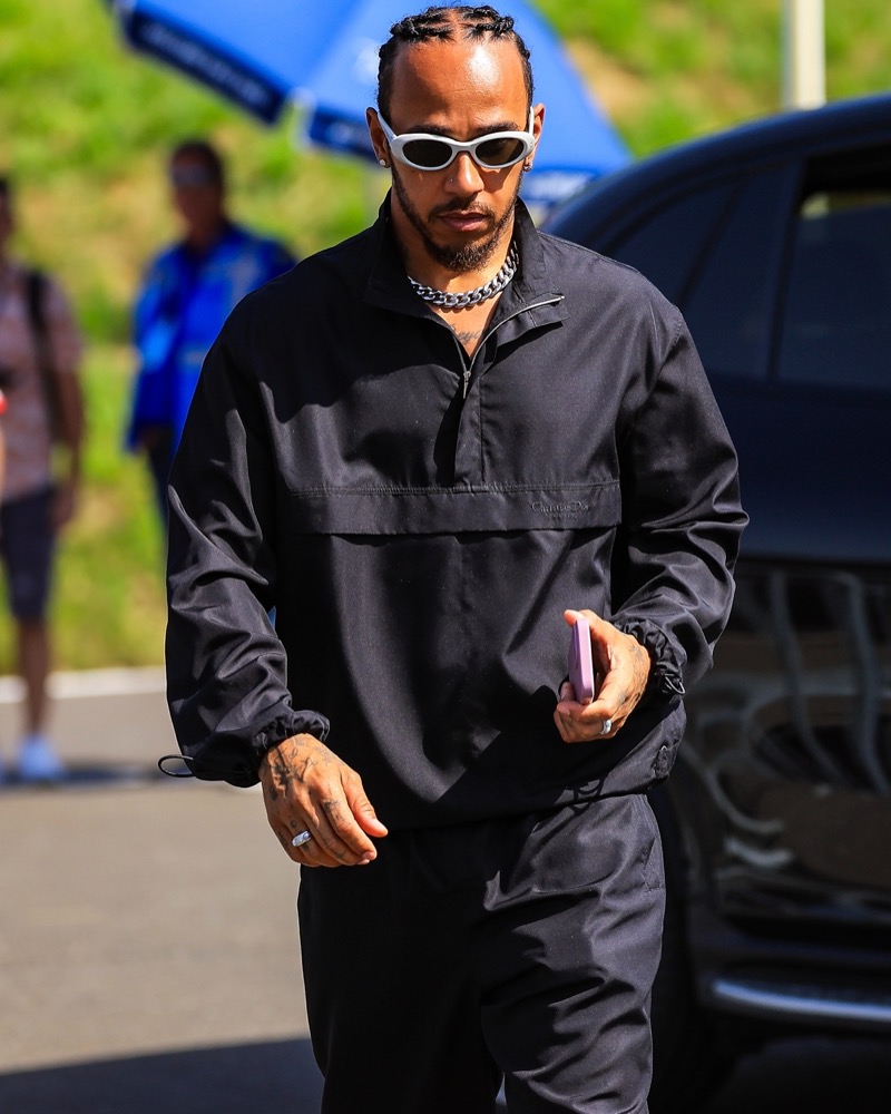 On the move, Lewis Hamilton sported a classic matching set from Dior Men.