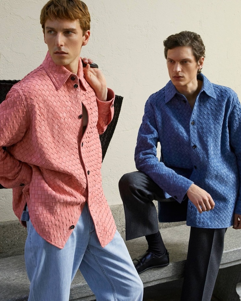 Vibrant textures define the season as Quentin Demeester and Valentin Caron showcase Bottega Veneta Intrecciato suede shirts in bold hues. 