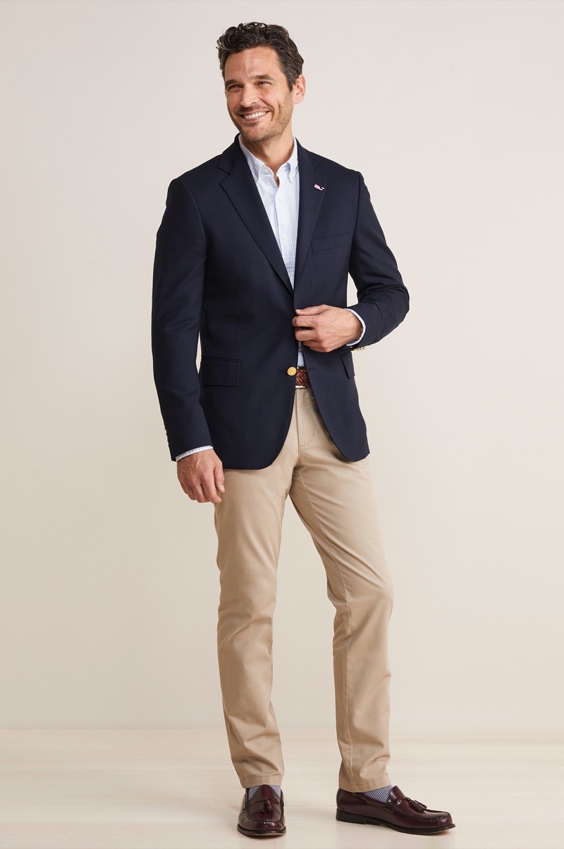 navy blazer brass buttons chinos nautical style outfit men Vineyard Vines