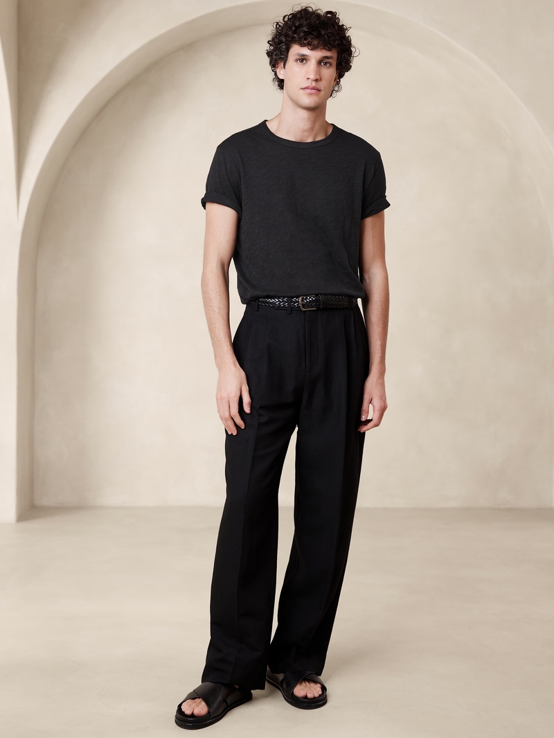 black t-shirt trousers sandals outfit men Banana Republic