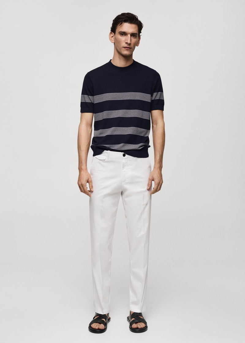 striped t-shirt white trousers outfit men Mango