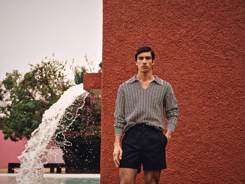 Striped sophistication meets casual comfort as Duncan Yair dons Todd Snyder Collection’s Montauk polo with shorts.