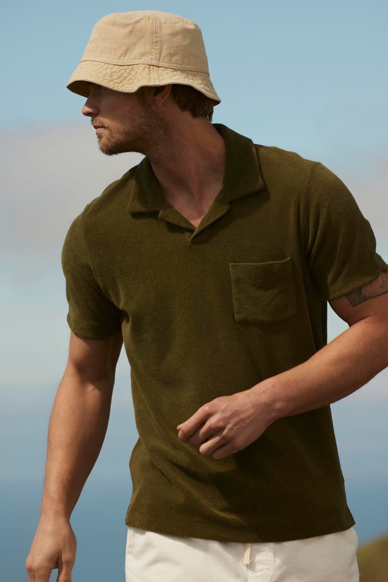 The Sergey terry cloth polo paired with Fielder shorts from Velvet by Graham & Spencer create a fresh and earthy palette ideal for summer adventures.