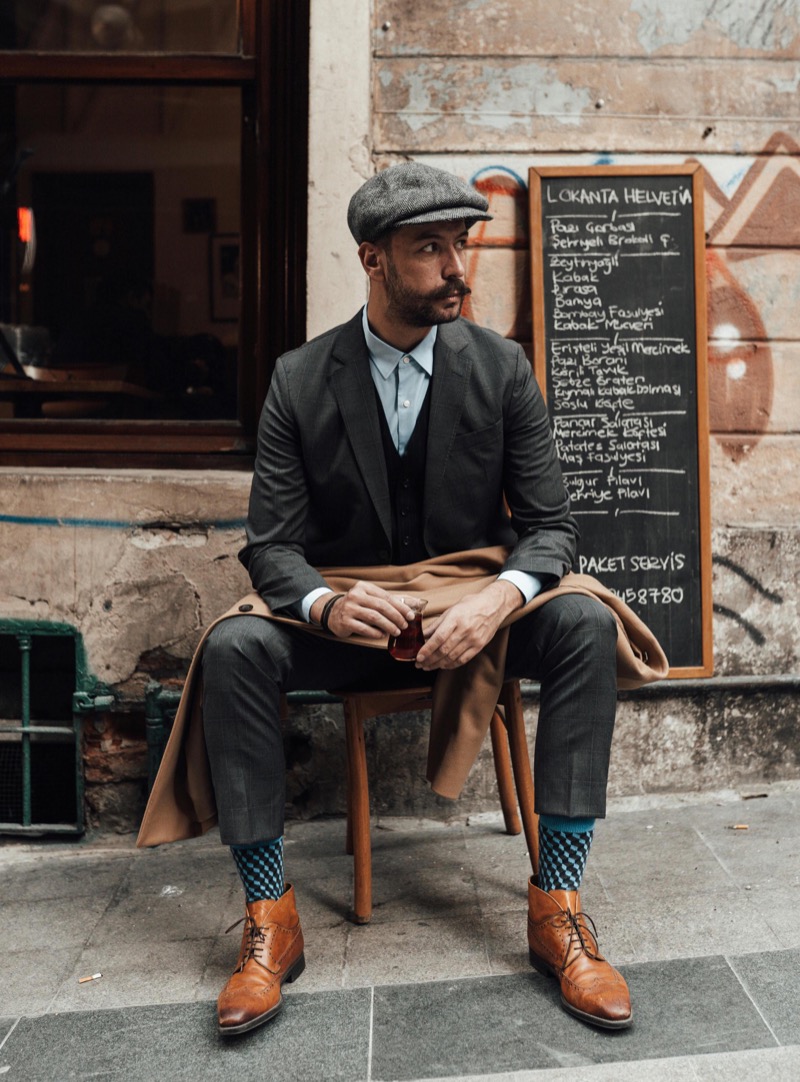 vintage style suit brown boots outfit men