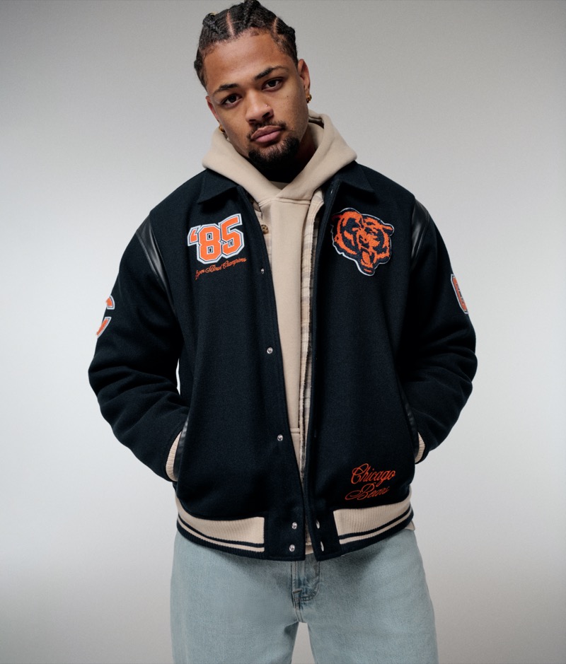 Rome Odunze Abercrombie & Fitch NFL Campaign Fall 2024 Chicago Bears Varsity Bomber Jacket