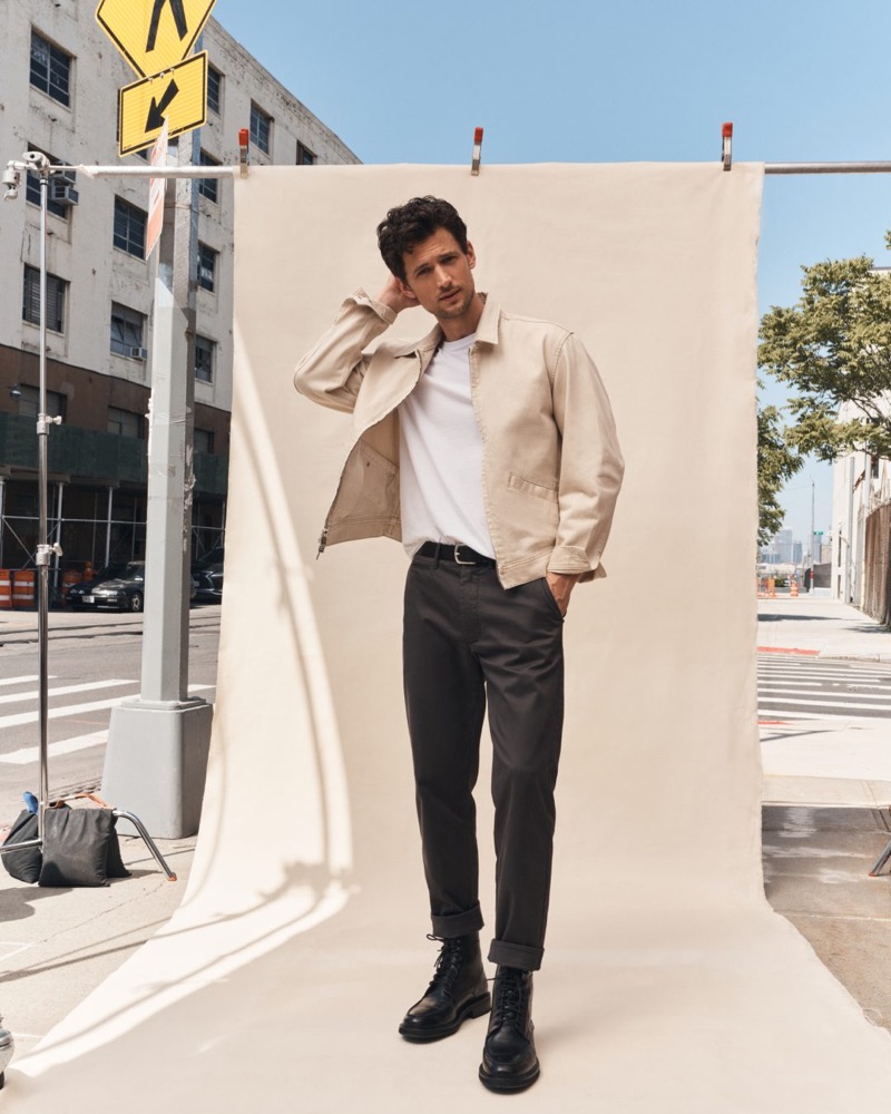 Garrett Neff sports Banana Republic’s Garage jacket with chinos and leather boots.