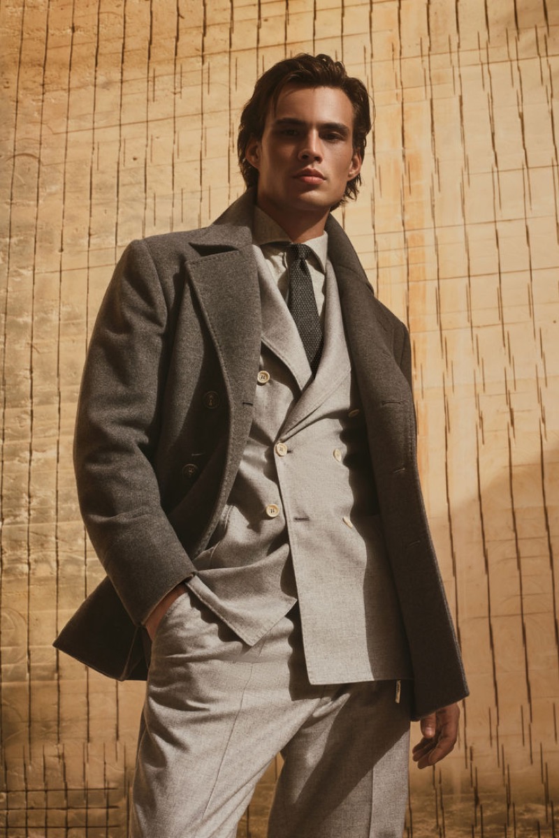 Model Louis Baines inspires in a tailored look by Brunello Cucinelli.