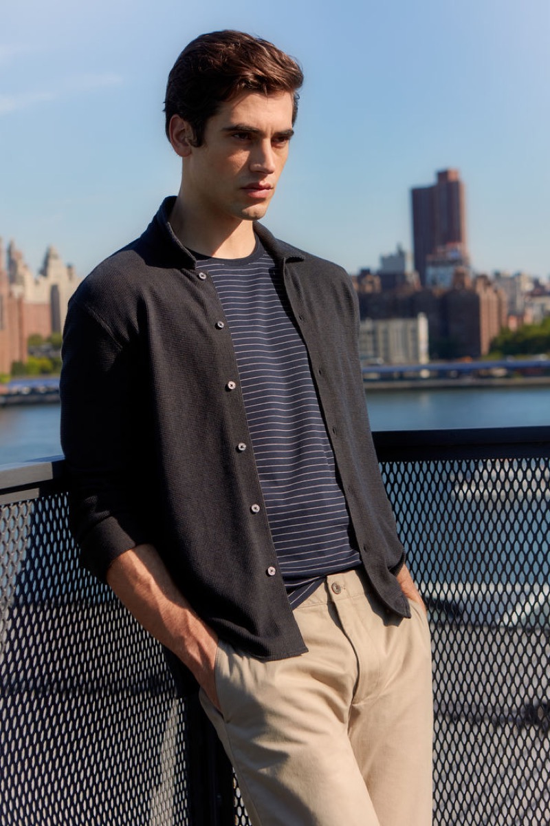 A waffle knit finish provides an elevated update to the button-down shirt.