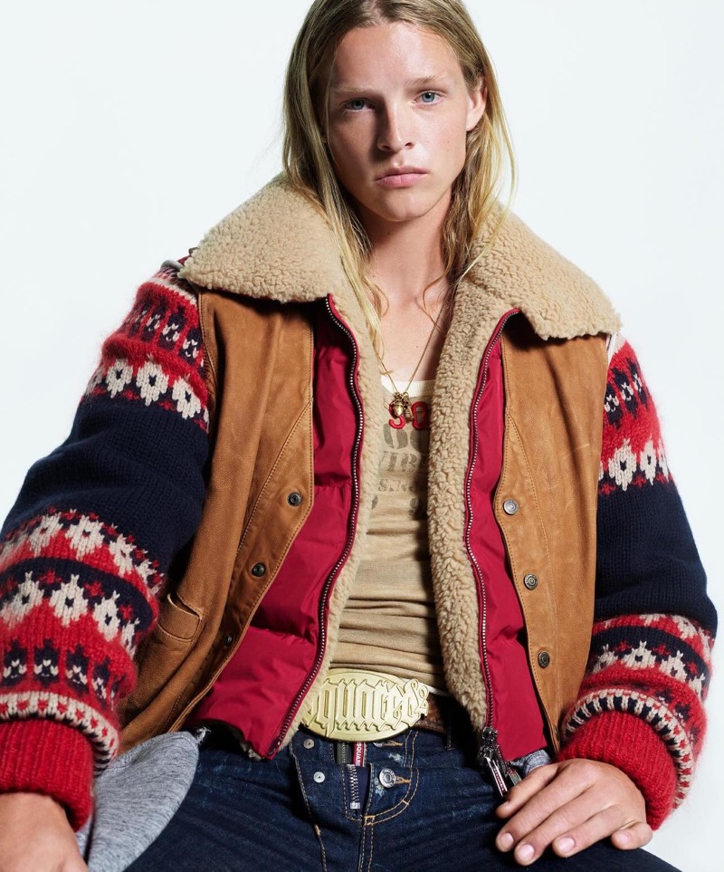 A rugged charm overtakes Dsquared2’s fall-winter 2024 collection, highlighting the Canadian puffer jacket. 