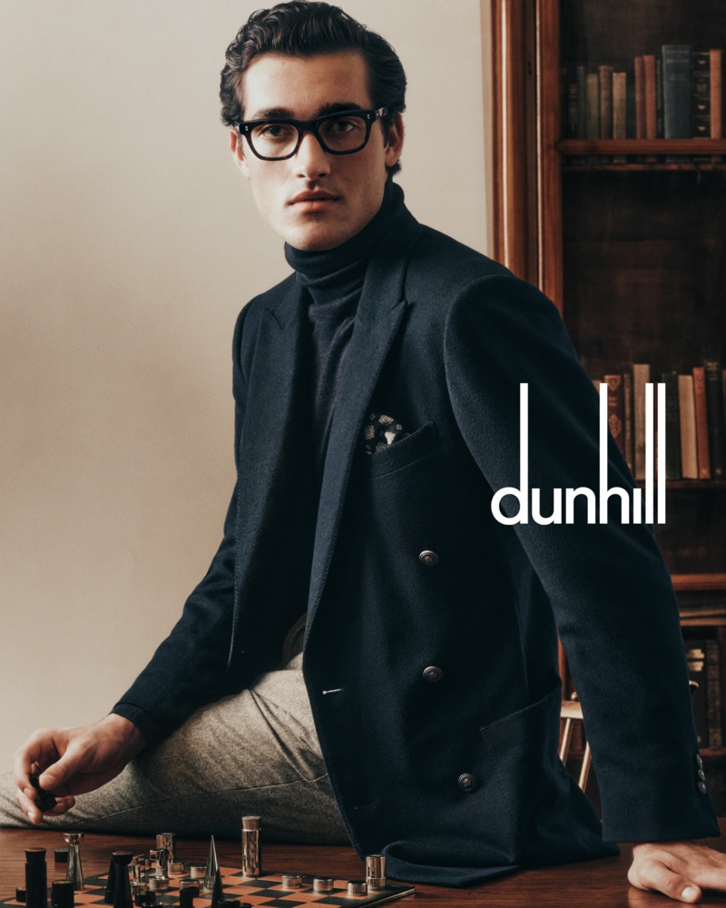 Model Adam Sattrup wears a double-breasted sports coat for Dunhill’s fall-winter 2024 campaign.