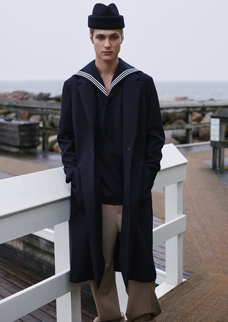 Samuel Owen dons a nautical-inspired look from Emporio Armani’s fall-winter 2024 collection.