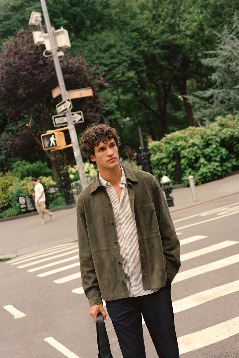 Model Francisco Henriques takes to Washington Square Park in Zara’s suede overshirt.