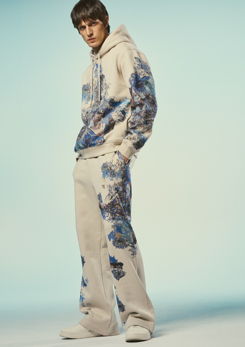 Edoardo Sebastianelli wears a matching hoodie and pants from the H&M x Anamika Khanna collection. 