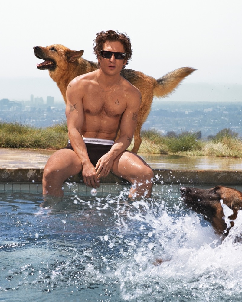 Relaxing poolside in his underwear, Jeremy Allen White stars in Calvin Klein’s fall 2024 campaign.