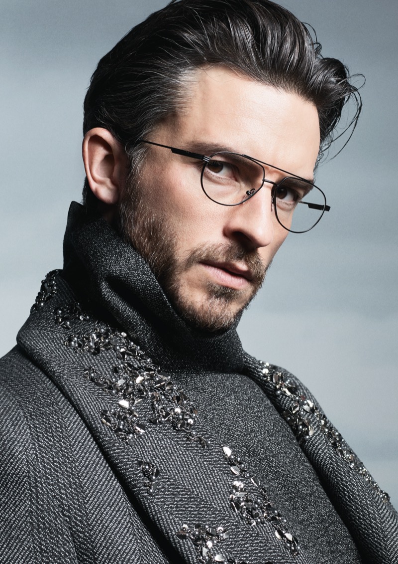 Jonathan Bailey wears aviator-style eyeglasses for Emporio Armani’s fall-winter 2024 eyewear advertisement.