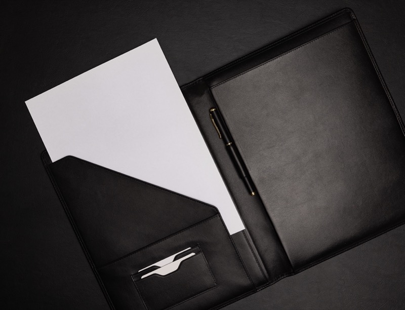 A leather document holder provides an elegant solution to storage documents, business cards, and more.