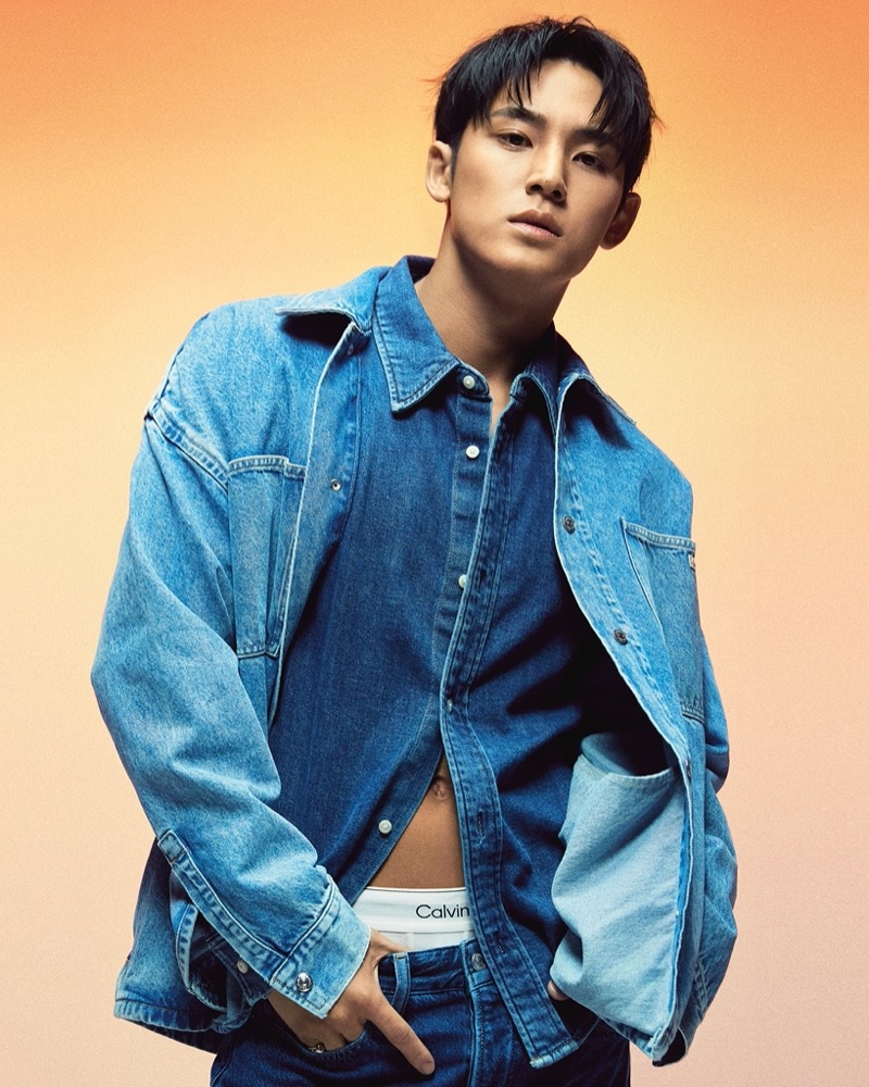 MINGYU layers in denim fashions for Calvin Klein’s fall 2024 advertisement.