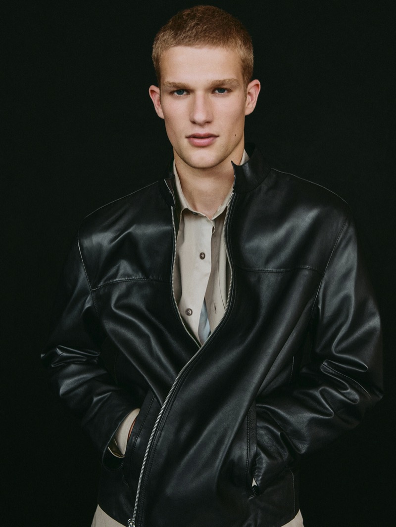 Model Teun van Stein sports a Massimo Dutti nappa leather jacket.