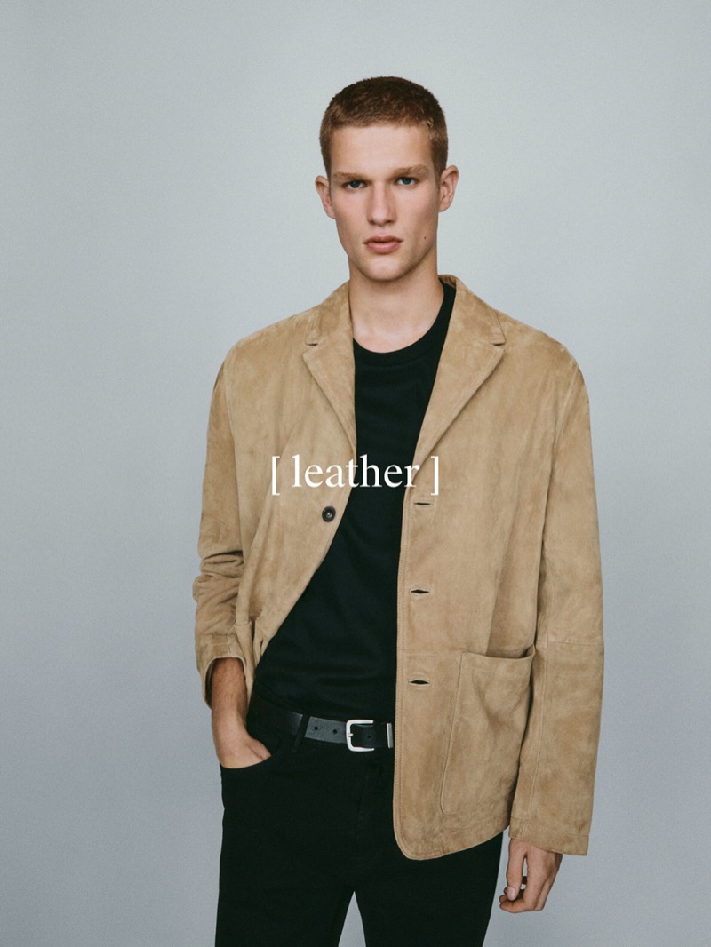 Teun van Stein models a suede leather jacket from Massimo Dutti.