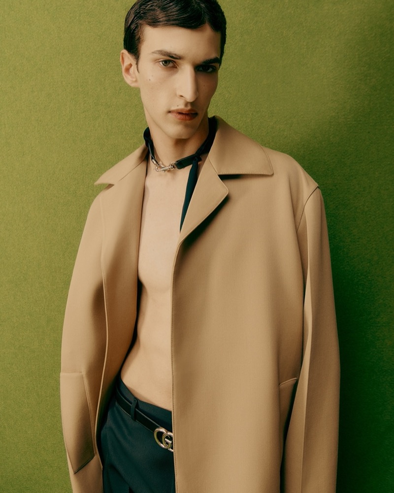 Donning a chic Gucci coat, Habib Masovic connects with Mytheresa for fall. 