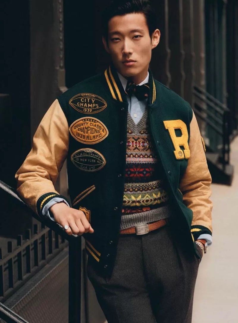 Juhyung Kang dons a statement letterman’s jacket from Polo Ralph Lauren’s Heritage Icons collection.