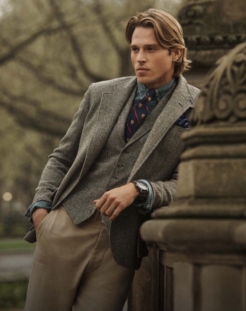 Matthew Noszka sports a tweed jacket and waistcoat for the Polo Ralph Lauren fall 2024 campaign. 