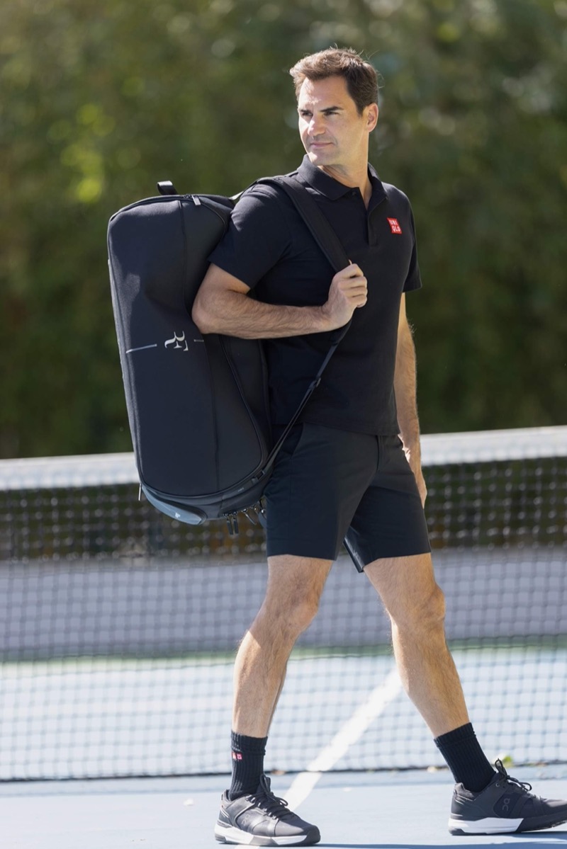 Roger Federer complements his sleek tennis style with a bag from the RF Collection. 