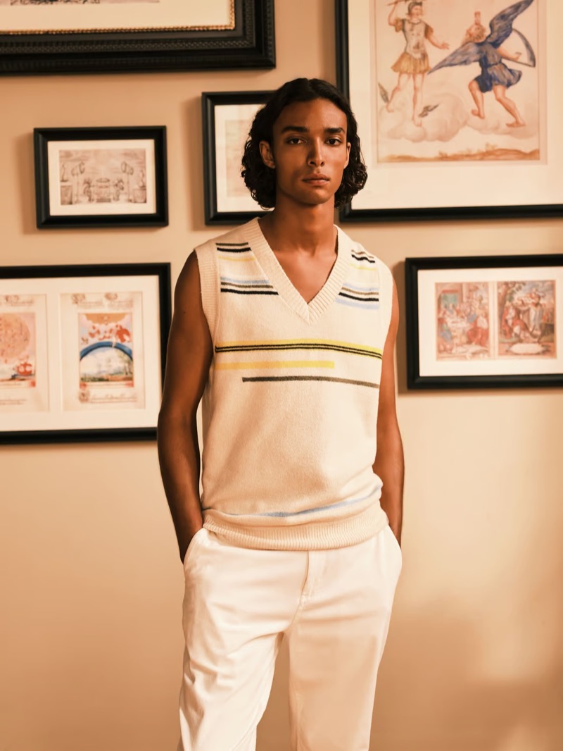 Smart style is front and center with a striped sweater vest from Scotch & Soda.