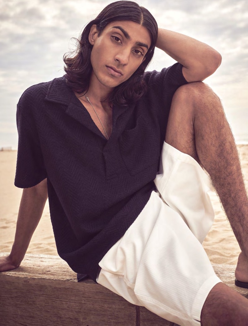 Adarsh Jaikarran dons a smart polo with shorts from Todd Snyder.