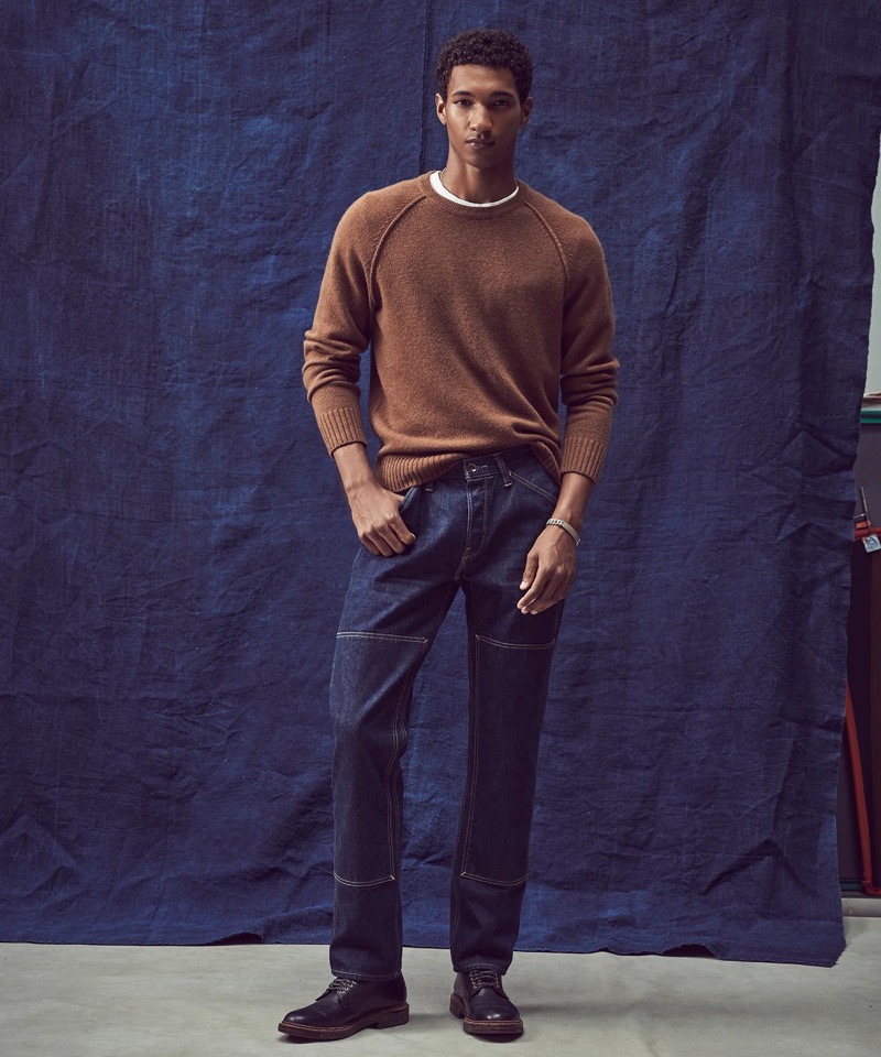 Joshua Seth models Todd Snyder’s Vintage Straight selvedge carpenter jeans in Indigo Rinse.