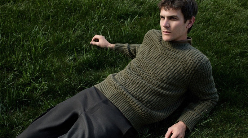 Vincent LaCrocq dons a double-weave sweater for Vince’s fall 2024 campaign.