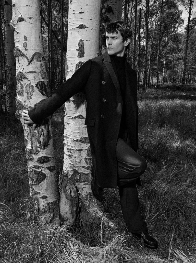 Vincent LaCrocq dons a double-breasted coat for Vince’s fall 2024 campaign. 