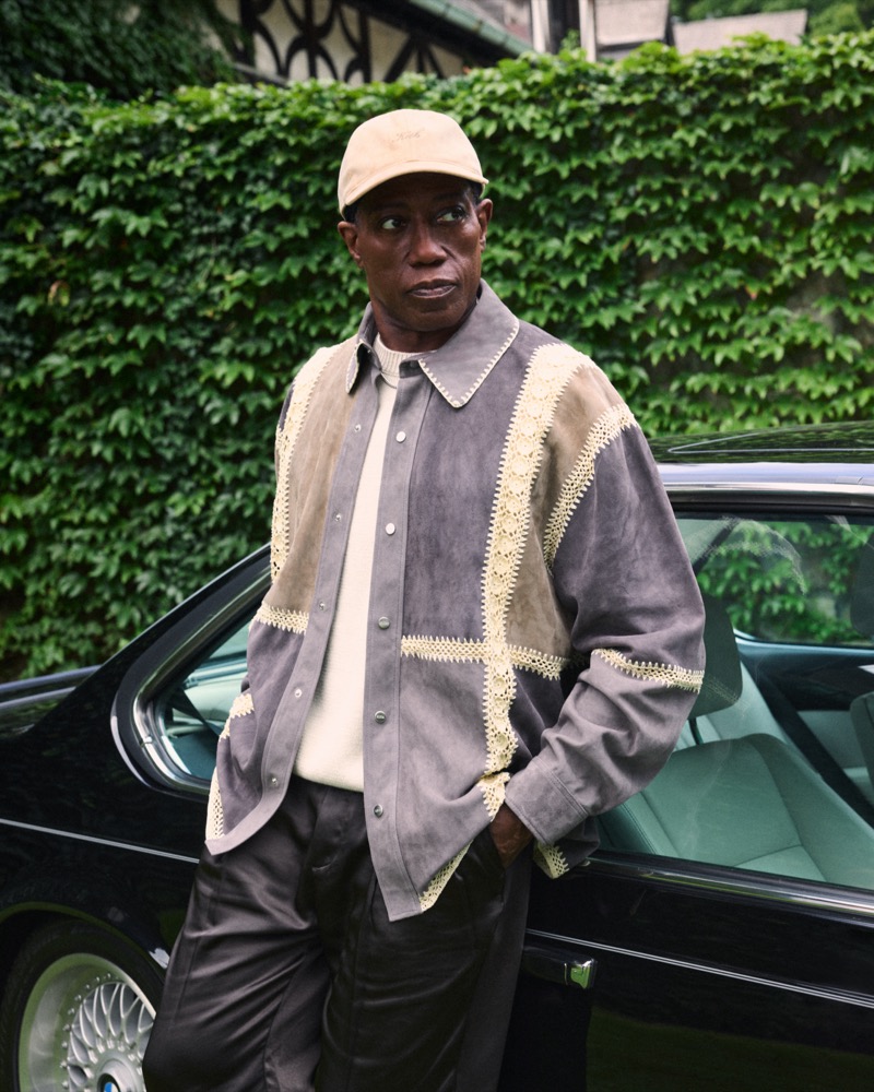 Wesley Snipes wears an Italian leather and suede overshirt for Kith’s fall 2024 campaign. 