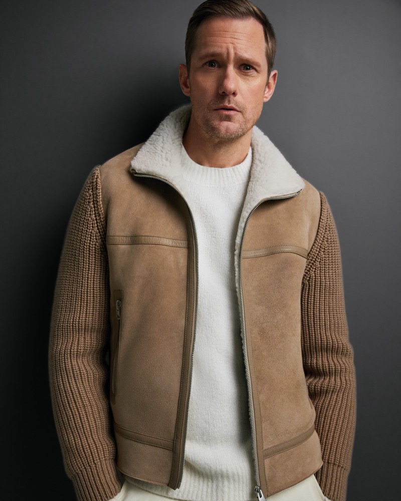 Actor Alexander Skarsgård wears a shearling jacket for the Mackage fall-winter 2024 campaign.