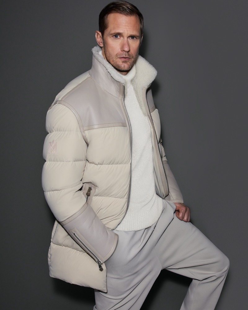 Embracing a color palette of light winter neutrals, Alexander Skarsgård fronts Mackage’s latest advertisement.